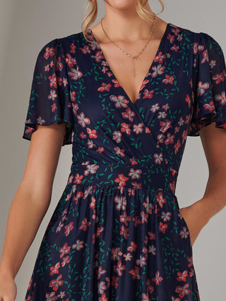 Mesh Short Sleeve Midaxi Dress, Navy Floral