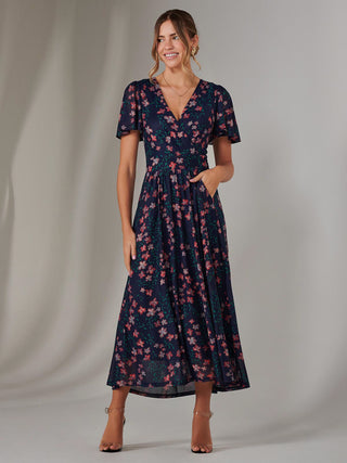 Mesh Short Sleeve Midaxi Dress, Navy Floral