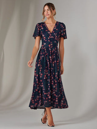 Mesh Short Sleeve Midaxi Dress, Navy Floral
