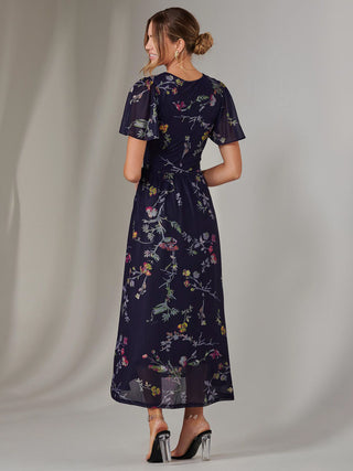 Mesh Short Sleeve Midaxi Dress, Navy Pink Multi
