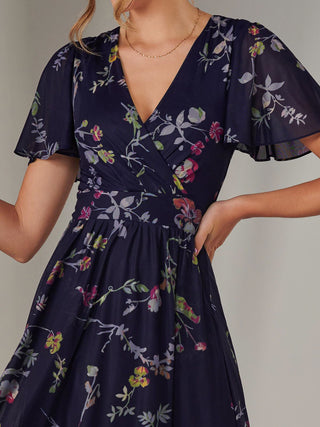 Mesh Short Sleeve Midaxi Dress, Navy Pink Multi