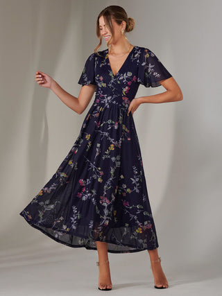 Mesh Short Sleeve Midaxi Dress, Navy Pink Multi