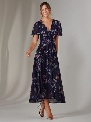Mesh Short Sleeve Midaxi Dress, Navy Pink Multi