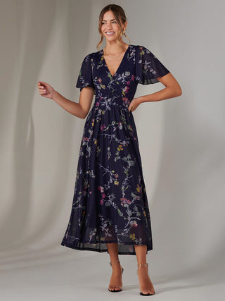 Mesh Short Sleeve Midaxi Dress, Navy Pink Multi