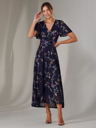 Mesh Short Sleeve Midaxi Dress, Navy Pink Multi