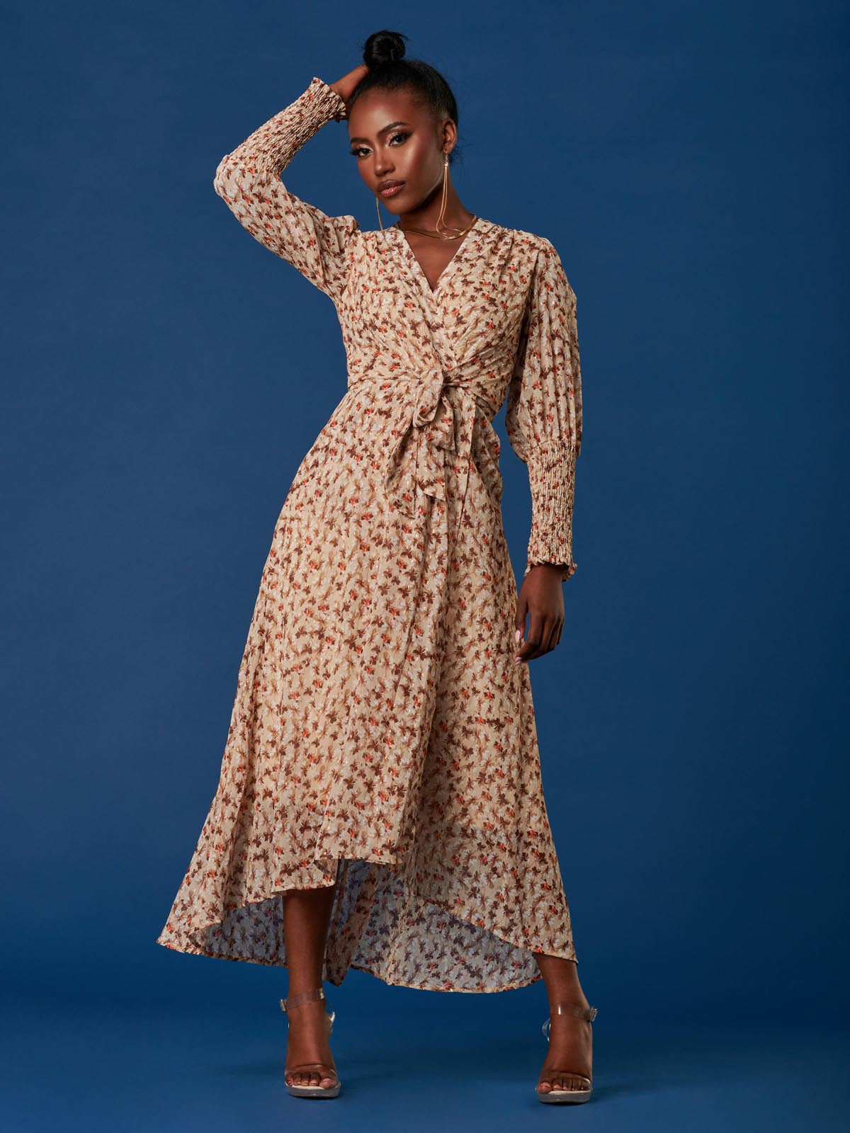 Chiffon Print Tie Waist Maxi Dress, Beige Floral