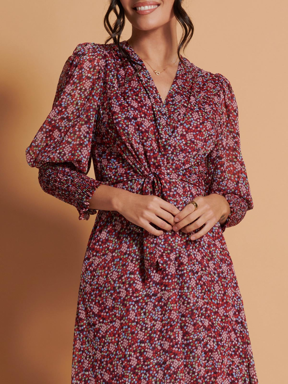 Chiffon Print Tie Waist Maxi Dress, Red Multi