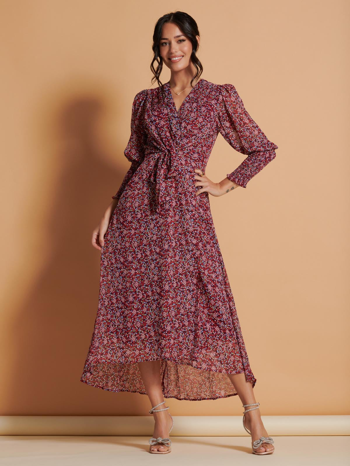 Chiffon Print Tie Waist Maxi Dress, Red Multi
