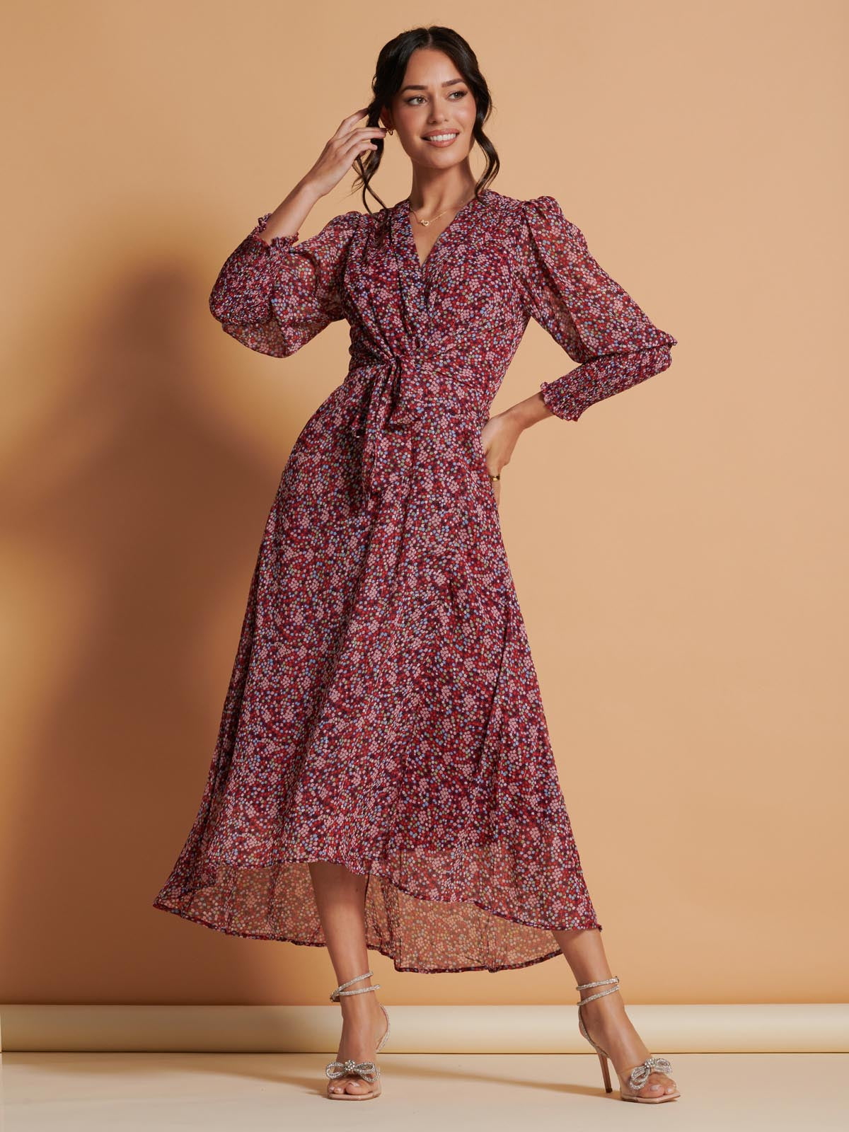 Chiffon Print Tie Waist Maxi Dress, Red Multi