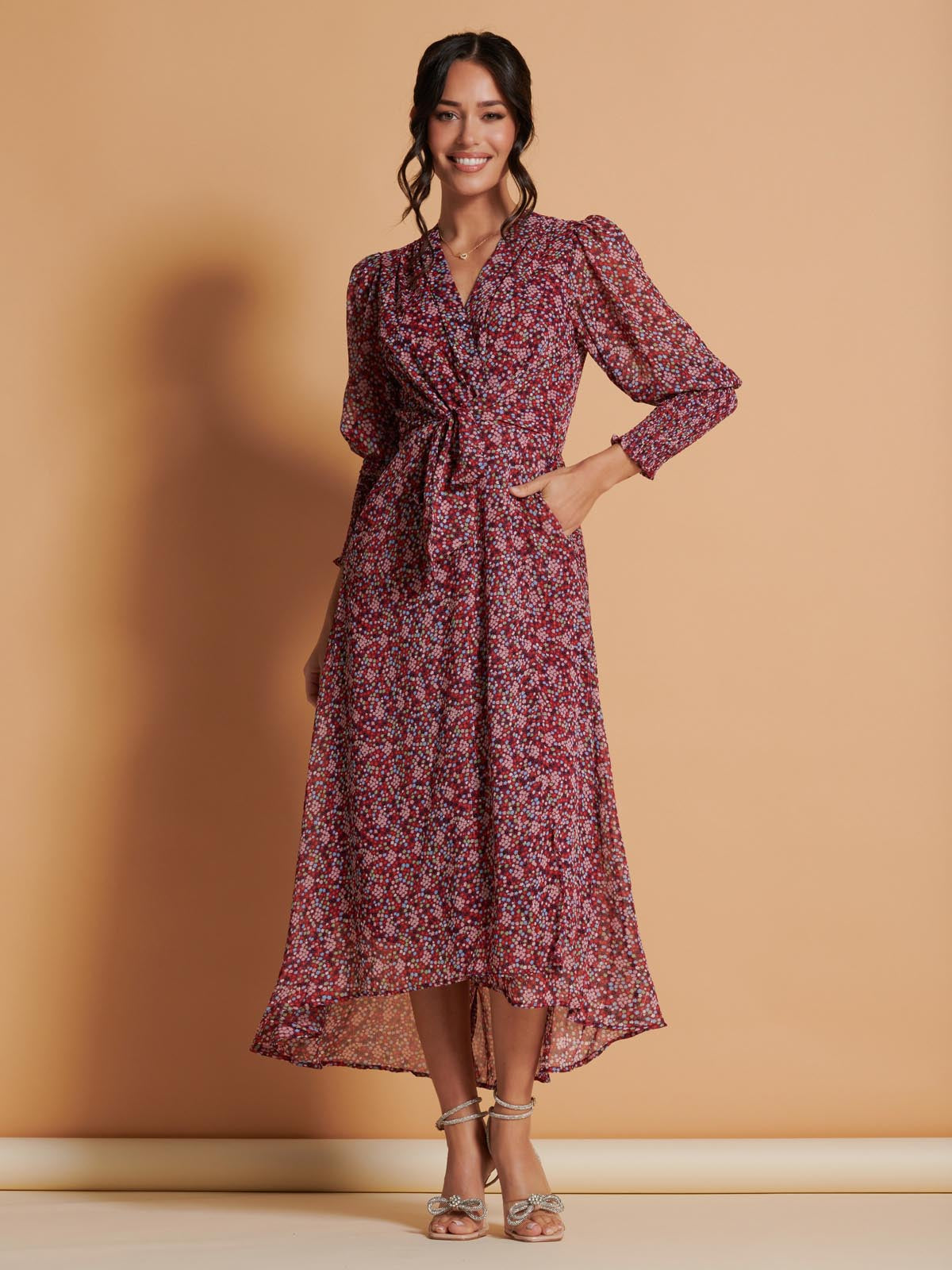 Chiffon Print Tie Waist Maxi Dress, Red Multi