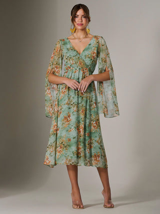 Chiffon Split Sleeve Midaxi Dress, Green Floral