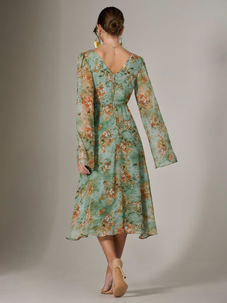 Chiffon Split Sleeve Midaxi Dress, Green Floral