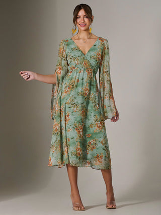 Chiffon Split Sleeve Midaxi Dress, Green Floral