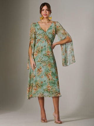 Chiffon Split Sleeve Midaxi Dress, Green Floral