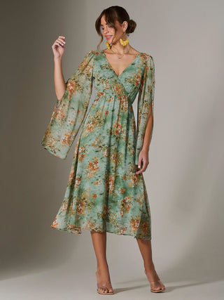 Chiffon Split Sleeve Midaxi Dress, Green Floral