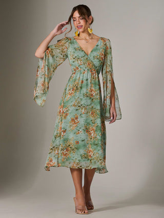 Chiffon Split Sleeve Midaxi Dress, Green Floral