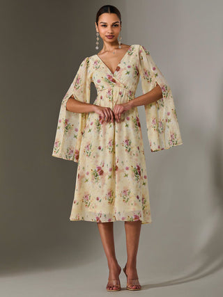Chiffon Split Sleeve Midaxi Dress, Yellow Floral