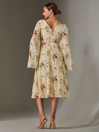 Chiffon Split Sleeve Midaxi Dress, Yellow Floral