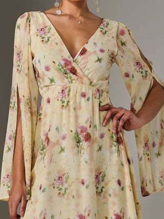 Chiffon Split Sleeve Midaxi Dress, Yellow Floral