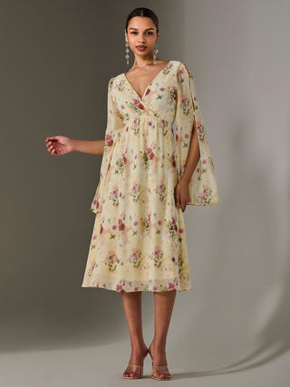 Chiffon Split Sleeve Midaxi Dress, Yellow Floral
