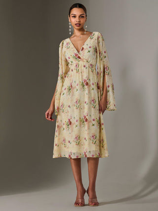 Chiffon Split Sleeve Midaxi Dress, Yellow Floral