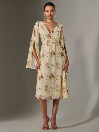 Chiffon Split Sleeve Midaxi Dress, Yellow Floral