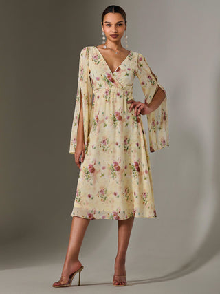 Chiffon Split Sleeve Midaxi Dress, Yellow Floral