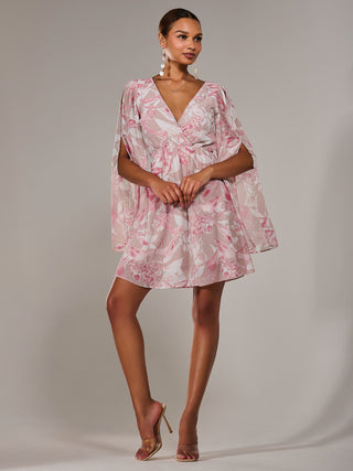 Chiffon Split Sleeve Mini Dress, Pink Floral