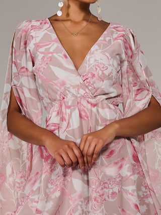Chiffon Split Sleeve Mini Dress, Pink Floral
