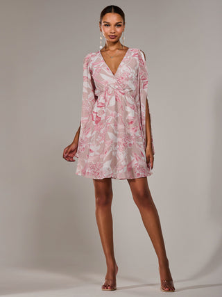 Chiffon Split Sleeve Mini Dress, Pink Floral