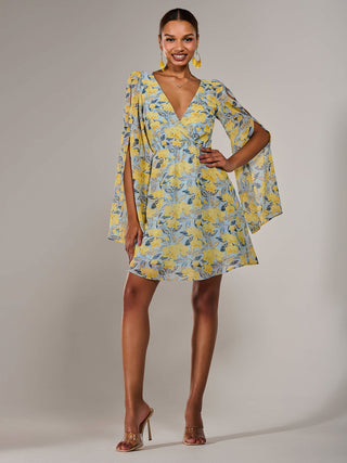 Chiffon Split Sleeve Mini Dress, Yellow Floral