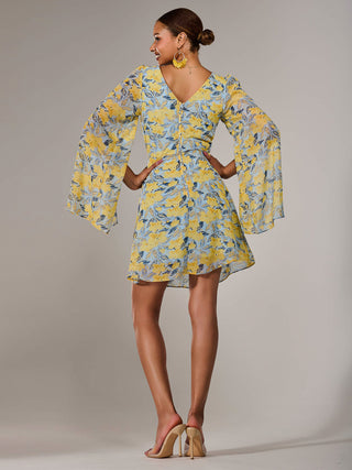 Chiffon Split Sleeve Mini Dress, Yellow Floral