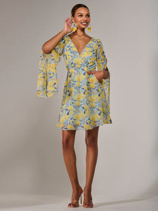 Chiffon Split Sleeve Mini Dress, Yellow Floral