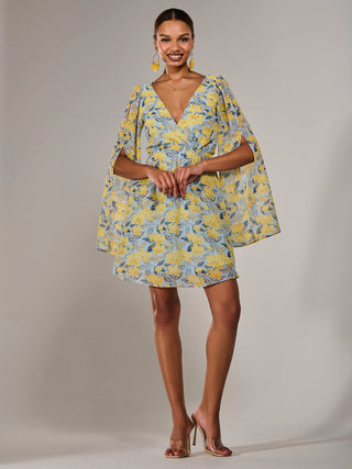 Chiffon Split Sleeve Mini Dress, Yellow Floral
