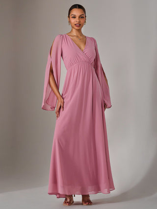 Chiffon Cap Sleeve Maxi Dress, Dusty Pink