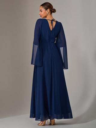 Chiffon Cap Sleeve Maxi Dress, Navy