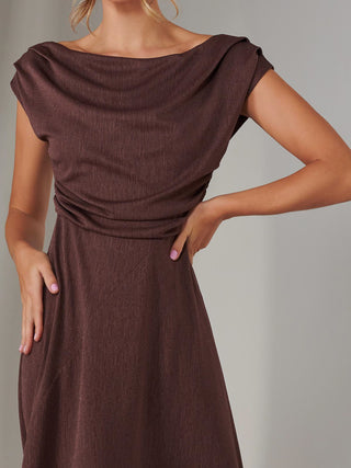 Asymmmetric Draped Midi Dress, Brown