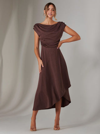 Asymmmetric Draped Midi Dress, Brown