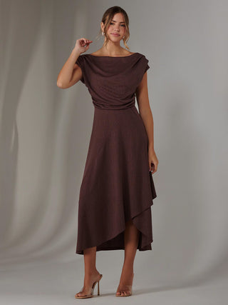 Asymmmetric Draped Midi Dress, Brown