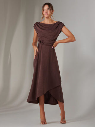 Asymmmetric Draped Midi Dress, Brown