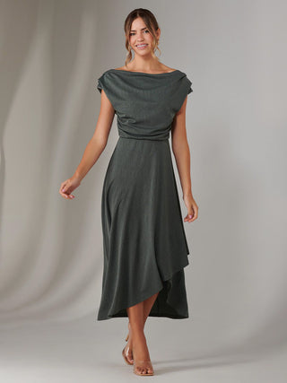 Asymmmetric Draped Midi Dress, Khaki