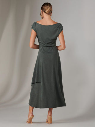 Asymmmetric Draped Midi Dress, Khaki