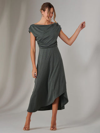 Asymmmetric Draped Midi Dress, Khaki