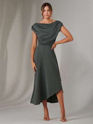 Asymmmetric Draped Midi Dress, Khaki