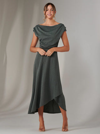 Asymmmetric Draped Midi Dress, Khaki