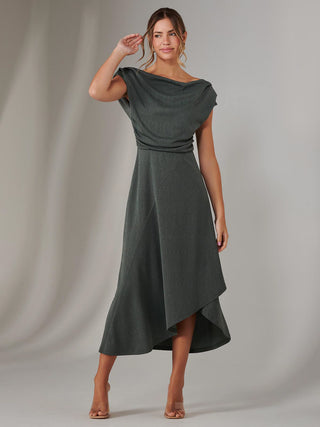 Asymmmetric Draped Midi Dress, Khaki
