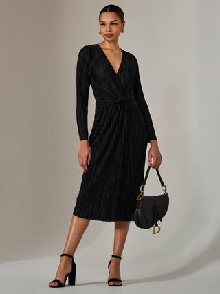 Plisse Long Sleeve Midi Dress, Black