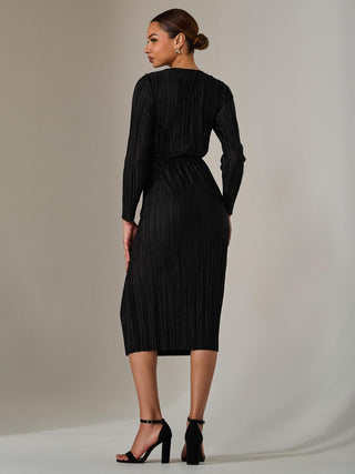 Plisse Long Sleeve Midi Dress, Black