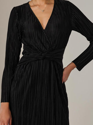 Plisse Long Sleeve Midi Dress, Black