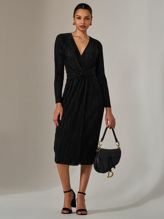 Plisse Long Sleeve Midi Dress, Black